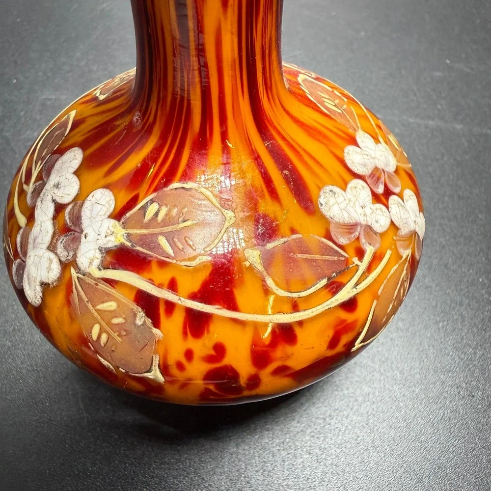 Vintage Hand Blown Art Glass Vase Orange Red Enamel Floral Hand Painted 5.5 inch
